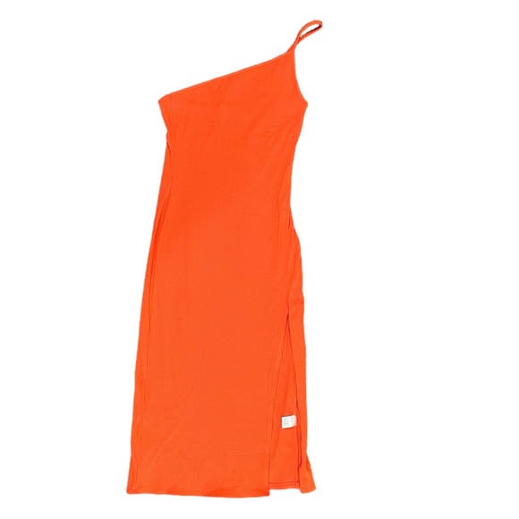 Fashion Nova Orange Ribbed Fitted Stretchy Midi Dress with Thigh Slit - Picture 3 of 6